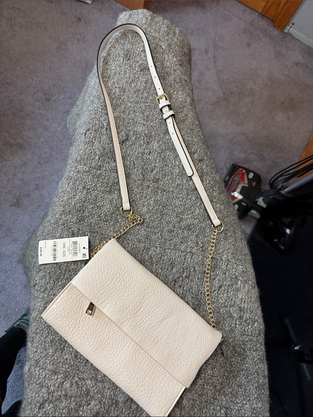 INC International Concepts Cream Pebbled Crossbody with Gold Chain